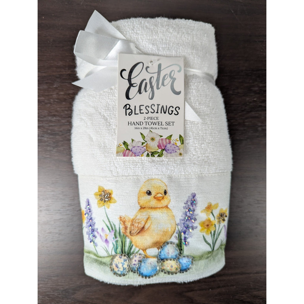 Easter Blessing Beaded Chick Floral Hand Towels Set of 2, 16x28" 100% Cotton