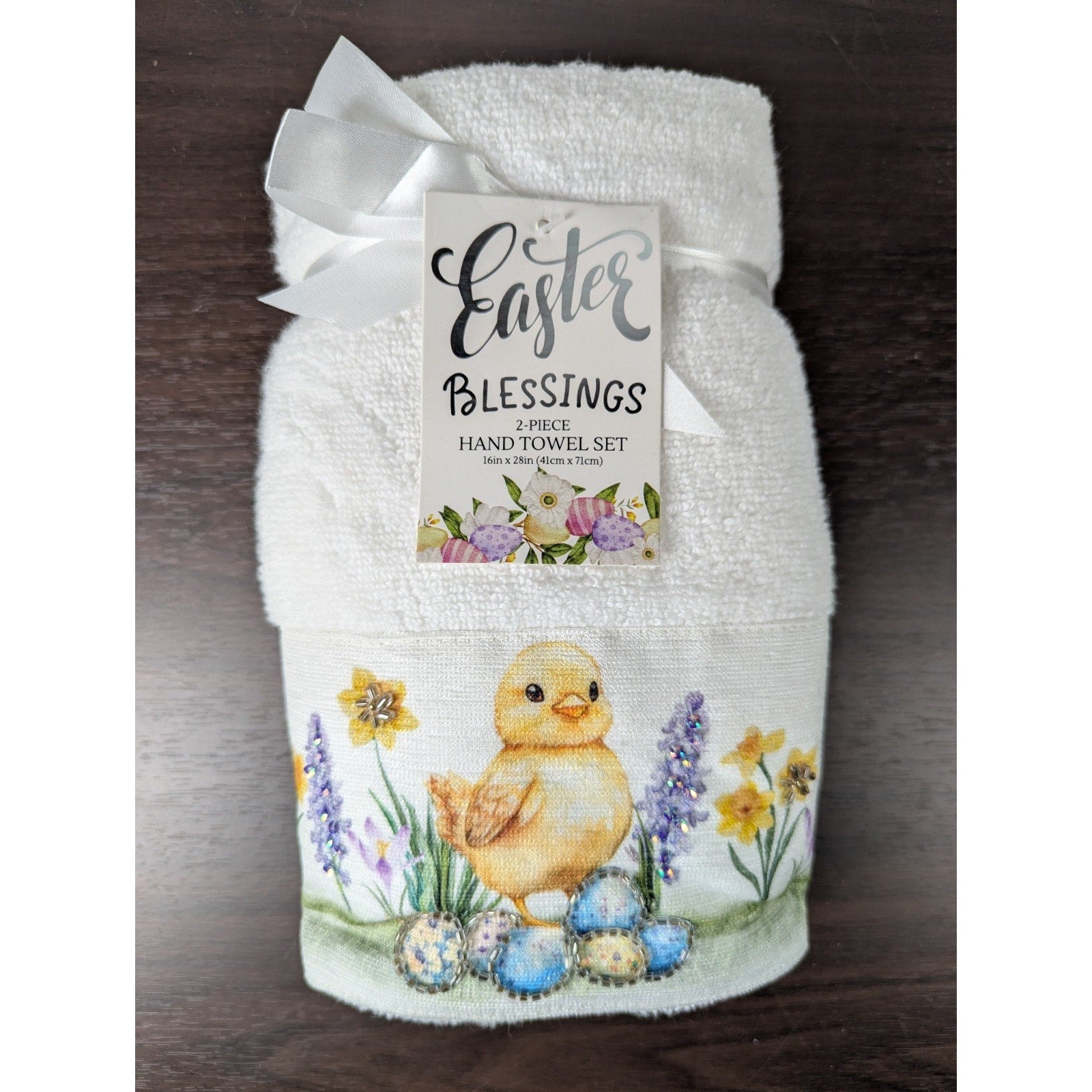 Easter Blessing Beaded Chick Floral Hand Towels Set of 2, 16x28" 100% Cotton