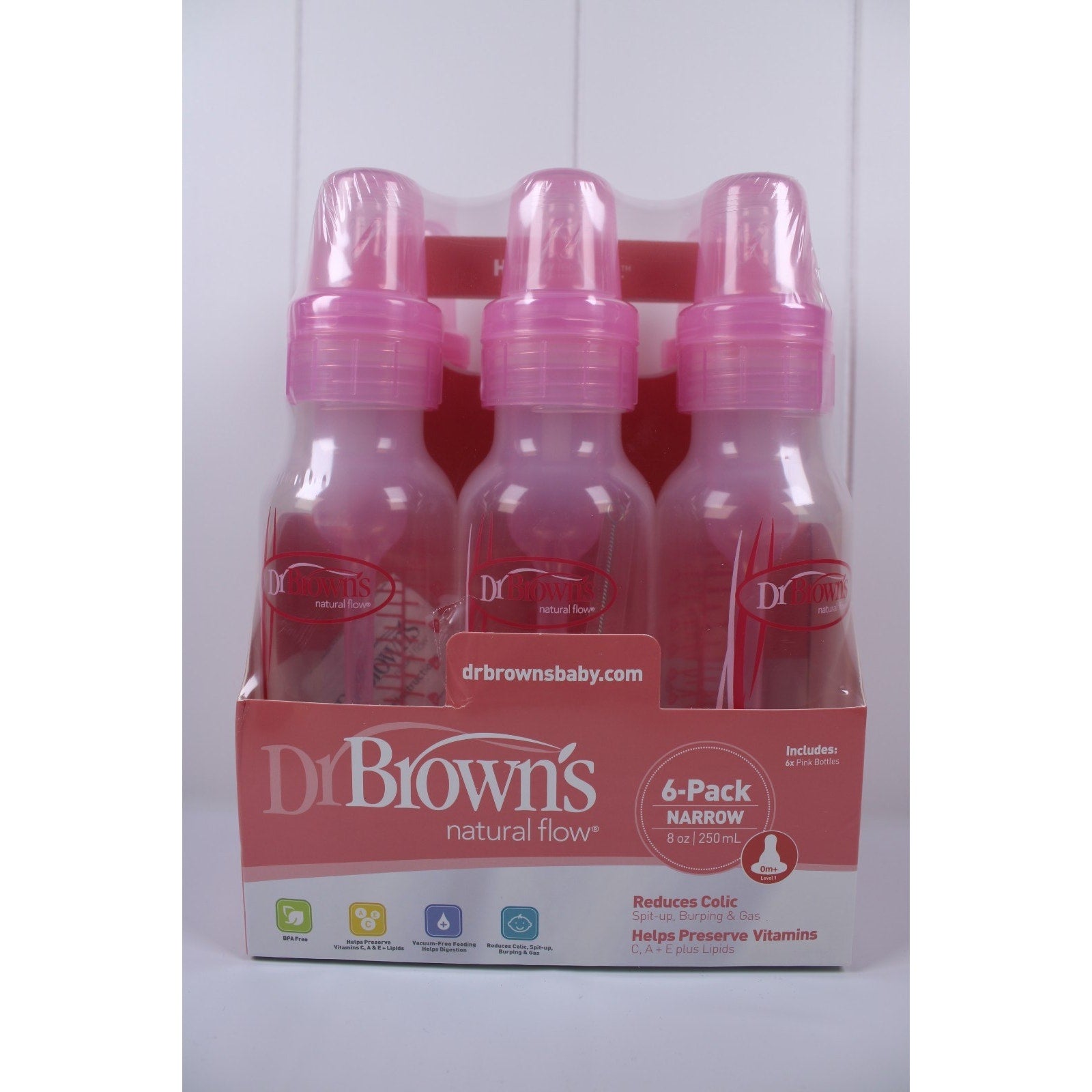 Dr Brown's Natural Flow 6-Pack Narrow - 8oz, Pink