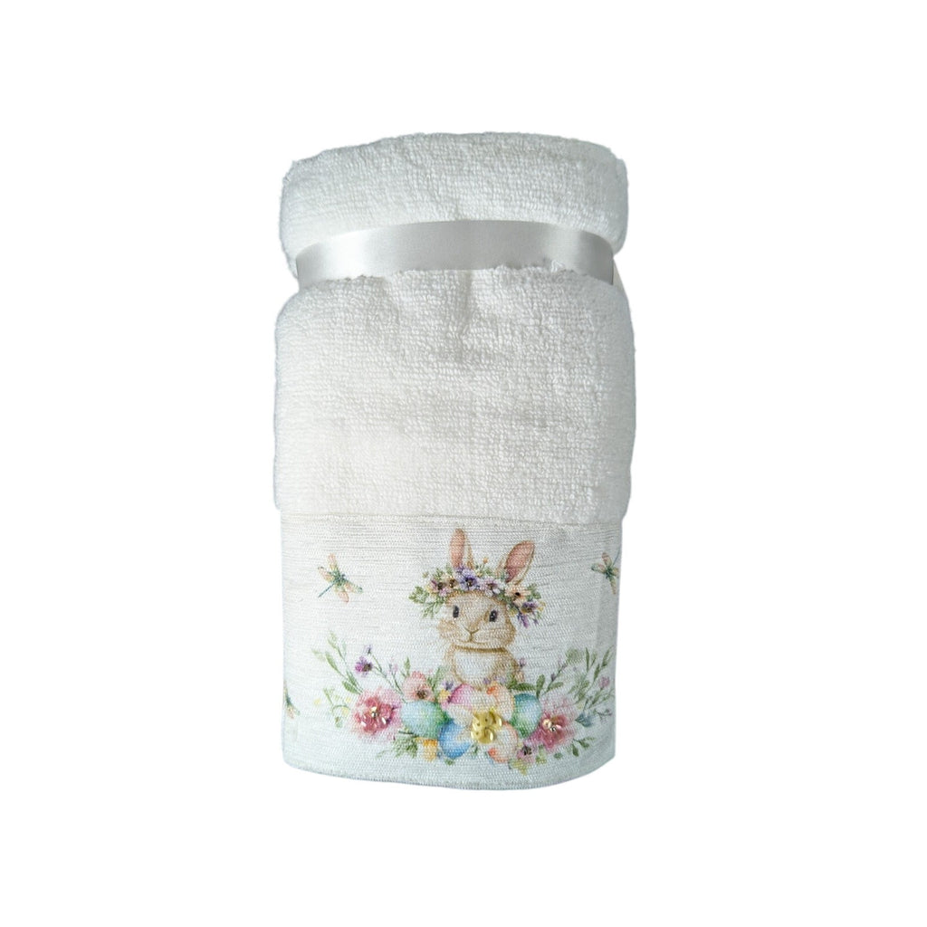 Easter Blessing Beaded Bunny Floral Hand Towels Set of 2, 16x28" 100% Cotton