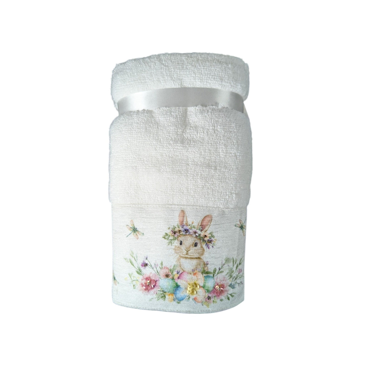 Easter Blessing Beaded Bunny Floral Hand Towels Set of 2, 16x28" 100% Cotton