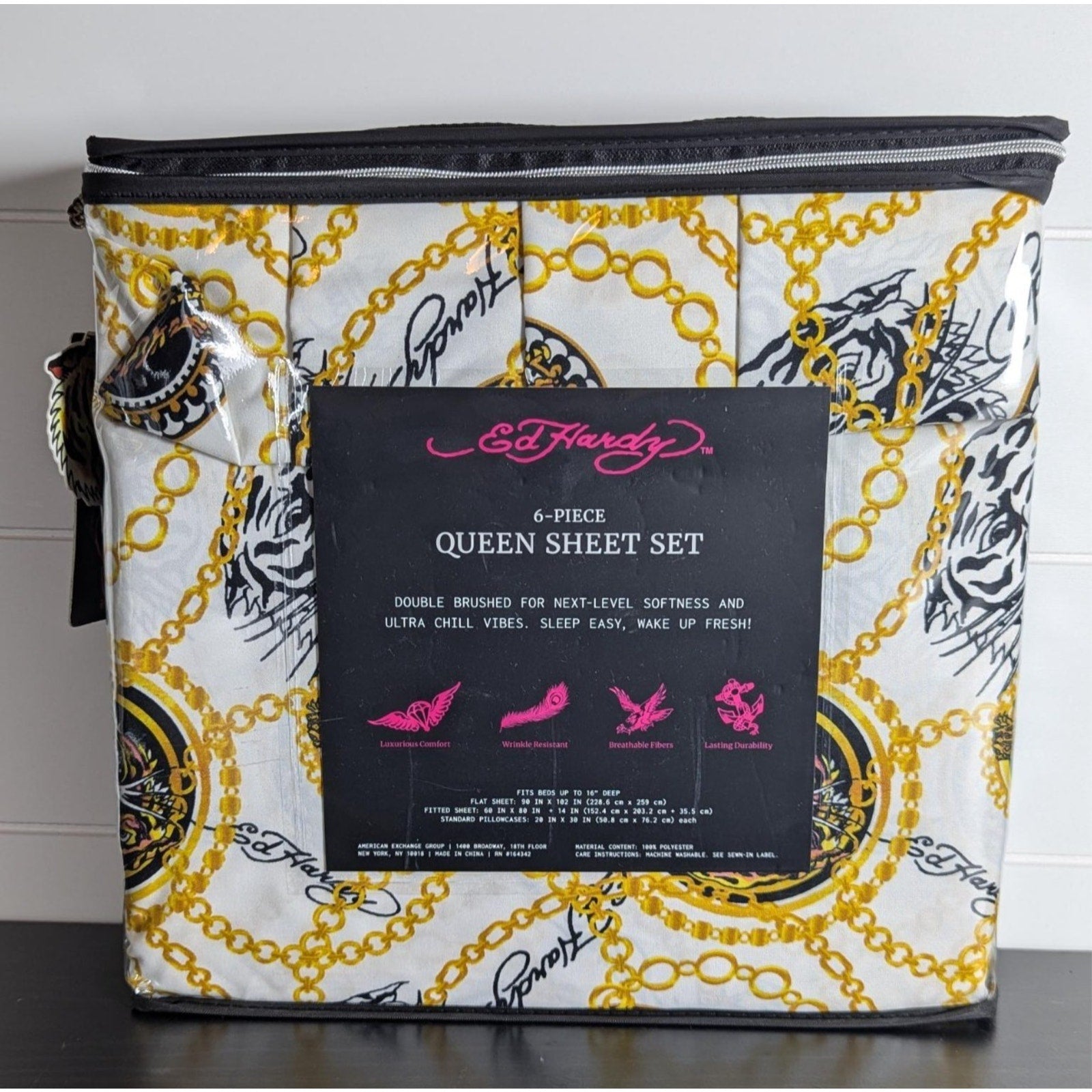 Ed Hardy 6 pc Queen Sheet Set, Tiger, Gold Chain, Tattoo Print w/4 Pillowcases