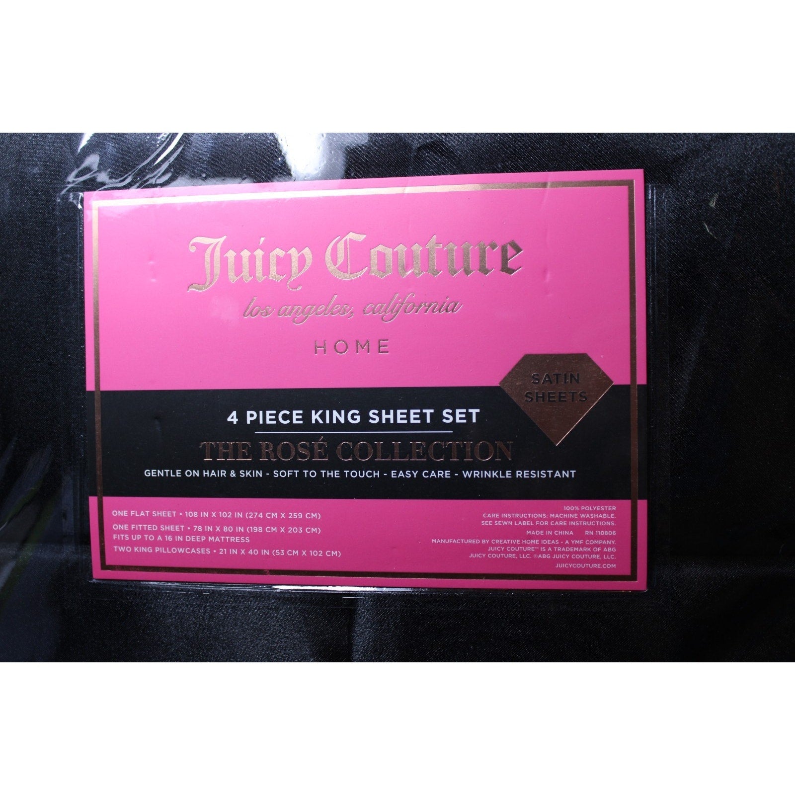 Juicy Couture Black Satin 4pc KING Sheet Set Easy Care Soft Sleek Smooth