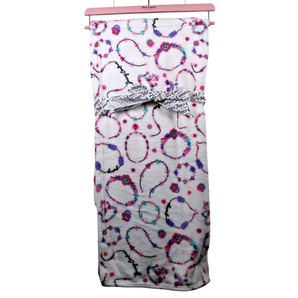 Juicy Couture Plush Throw Blanket 50"x60” Bracelet Juicy Print Pink White Soft