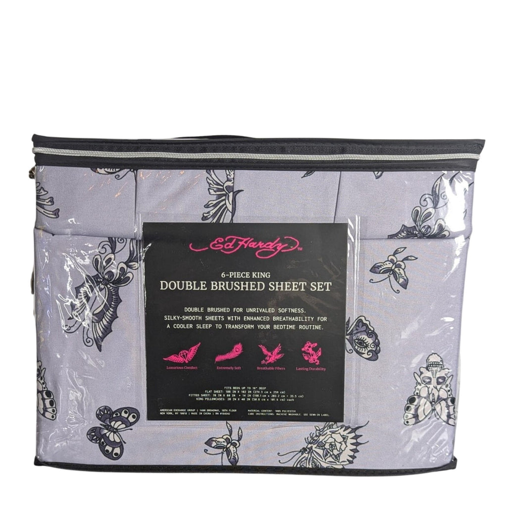 Ed Hardy 6-pc King Sheet Set w/4 Pillowcases, Skulls, Butterflies, Lavender NEW