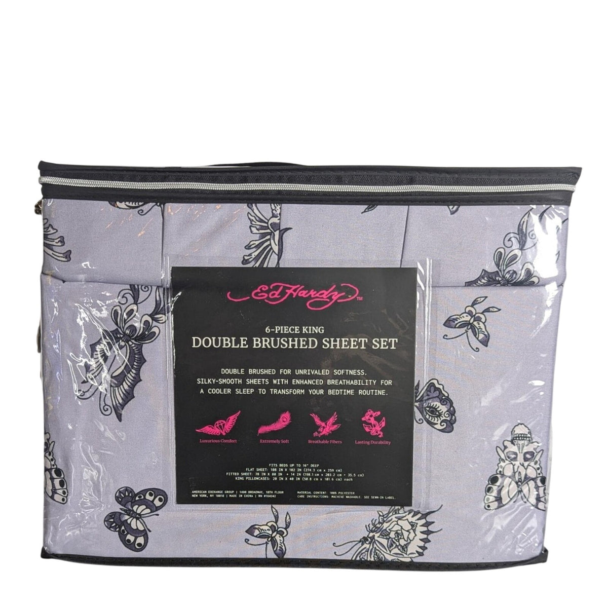 Ed Hardy 6-pc King Sheet Set w/4 Pillowcases, Skulls, Butterflies, Lavender NEW