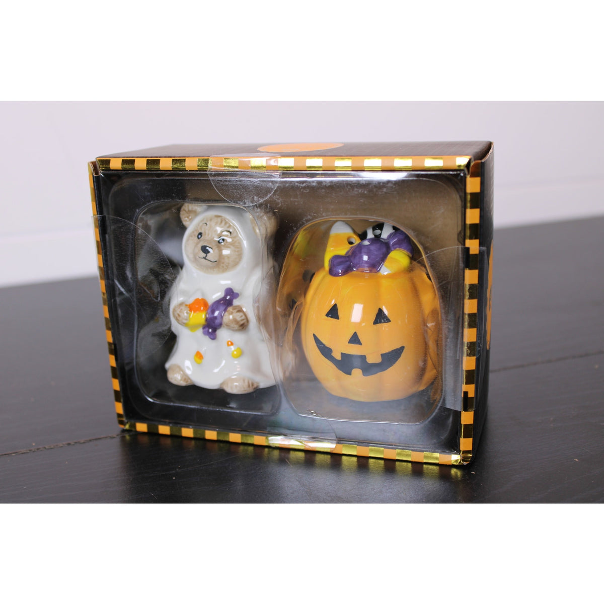 Haunted Halloween Teddy Bear & Jack O' Lantern Salt & Pepper Shakers