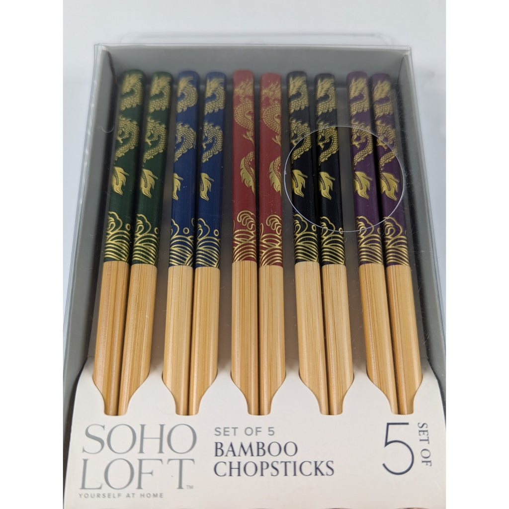SOHO LOFT Set of 5 Durable Bamboo ChopSticks. Dragon design. 5 colors