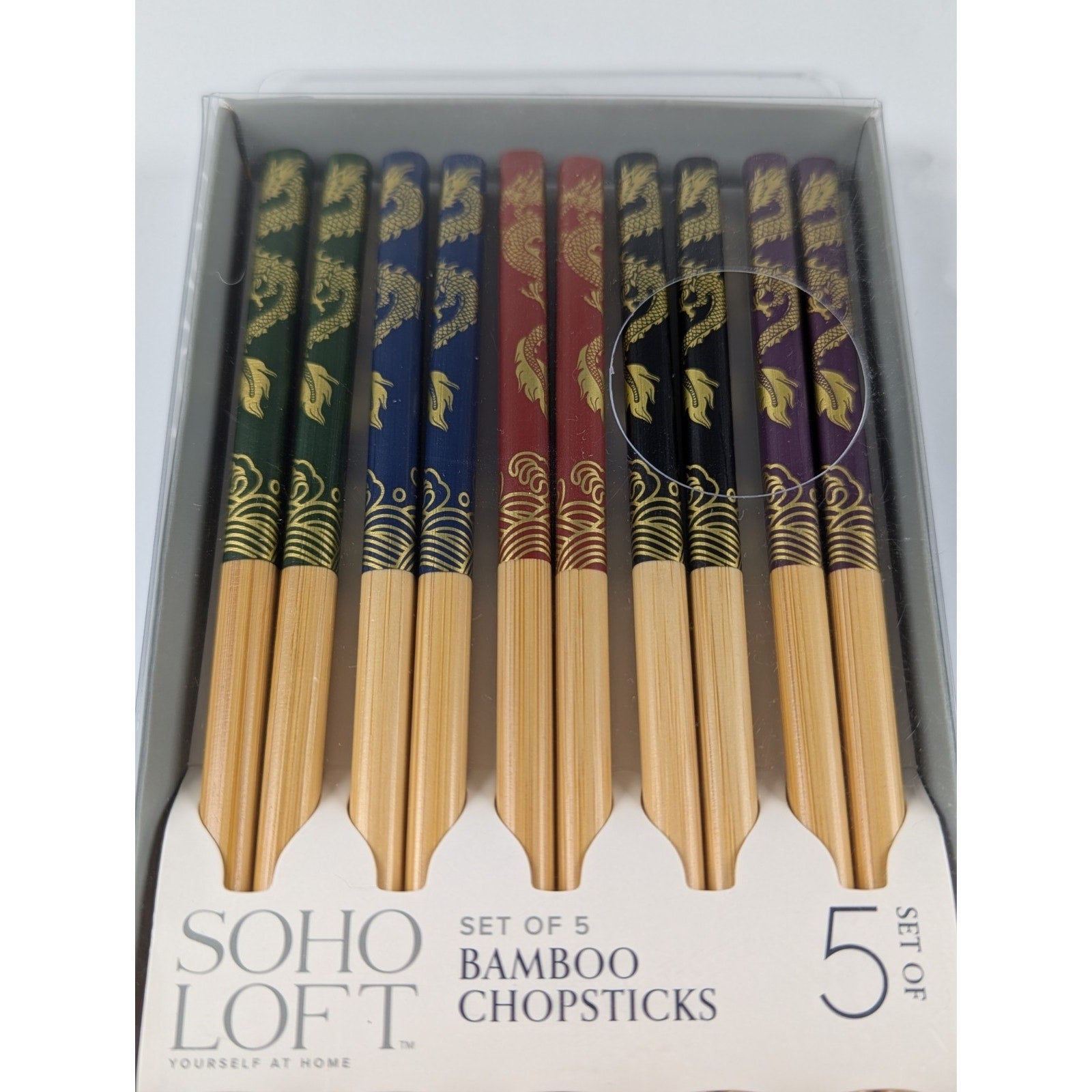 SOHO LOFT Set of 5 Durable Bamboo ChopSticks. Dragon design. 5 colors