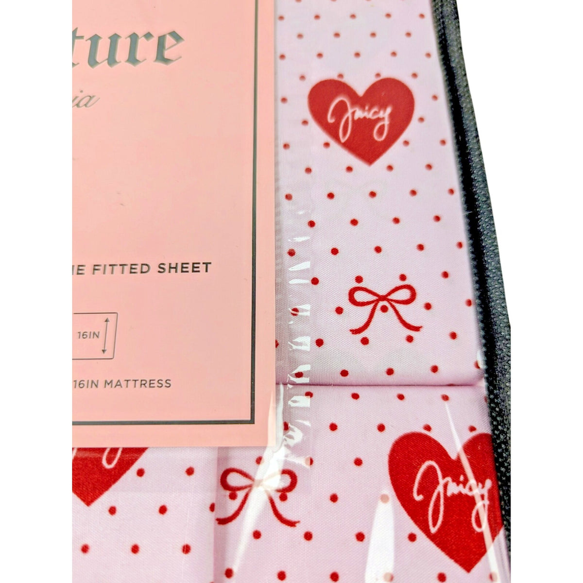Juicy Couture Queen 6pc Sheet Set, Juicy Monogram, Red Hearts & Red Dots