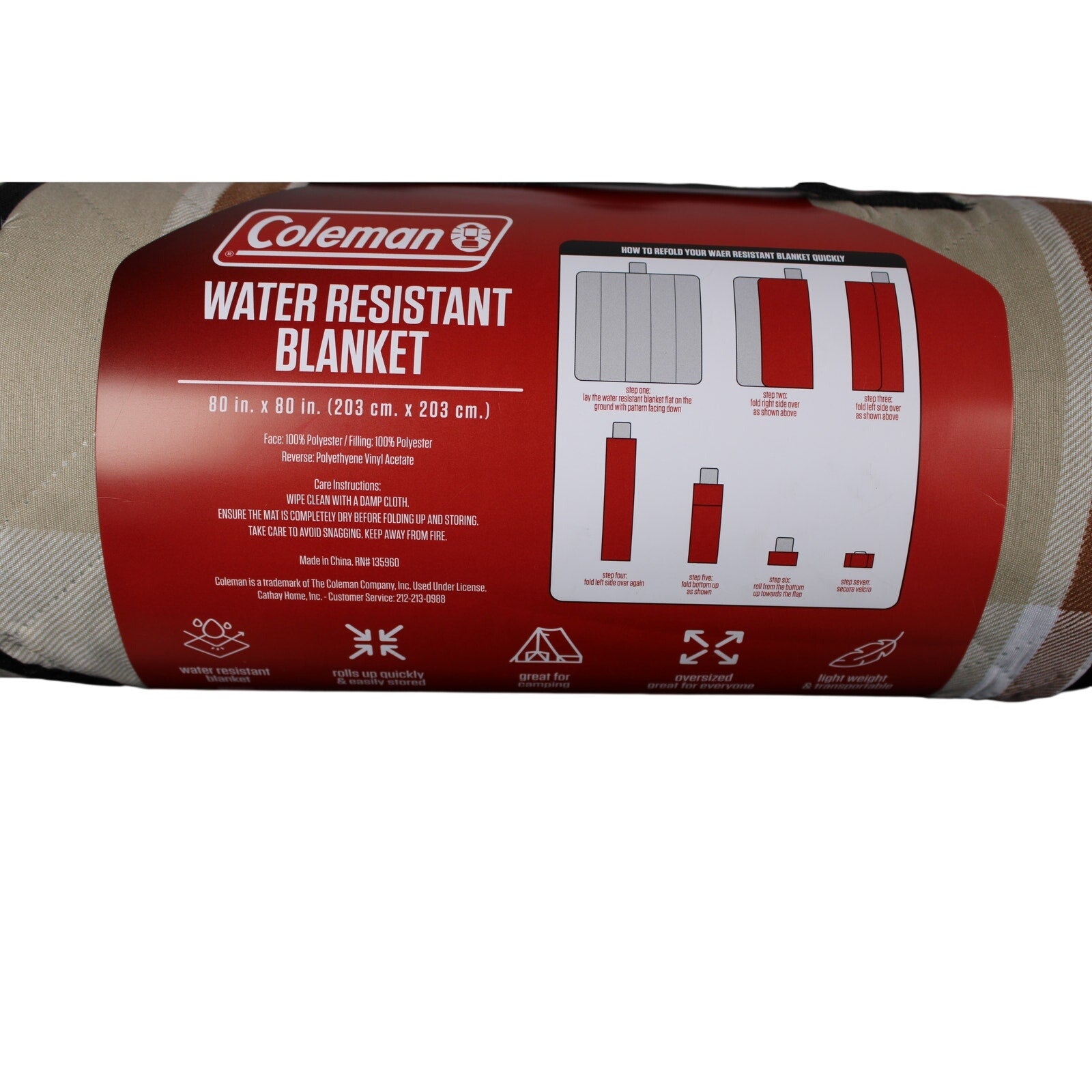 COLEMAN Water Resistant Brown, Tan OUTDOOR BLANKET CAMPING PICNIC BEACH 80 X 80