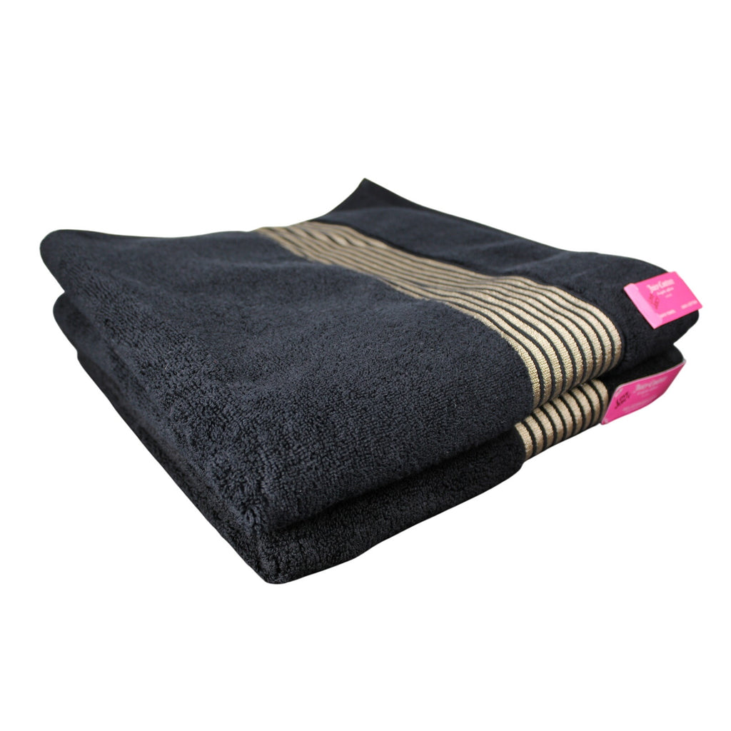 JUICY COUTURE 2psc Cotton Bath Towels, BLACK, Gold Stripes 100% Cotton 28"x54"