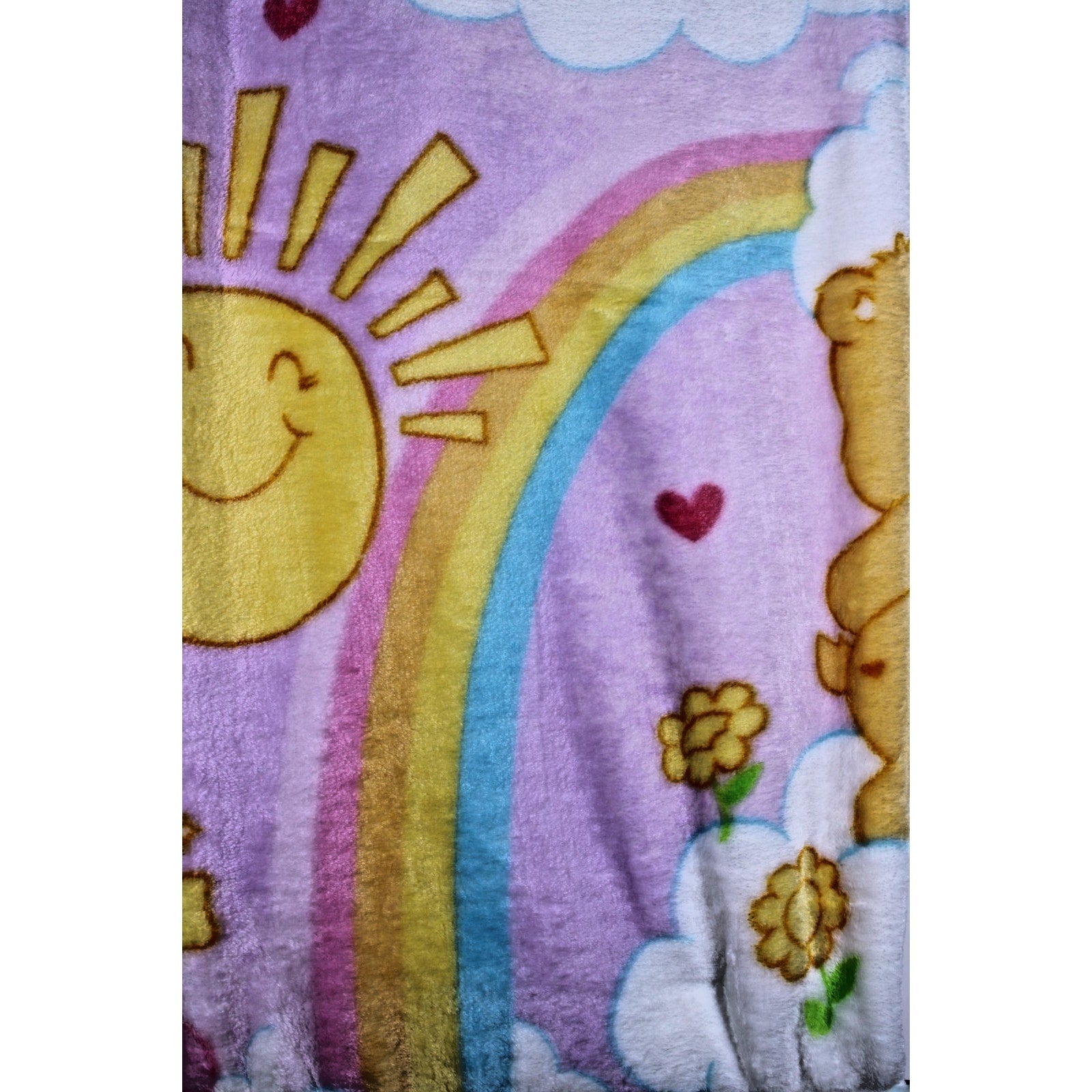 Care Bears Soft Throw Blanket Smiley Suns Rainbows Flowers and Clouds 50” X 70”