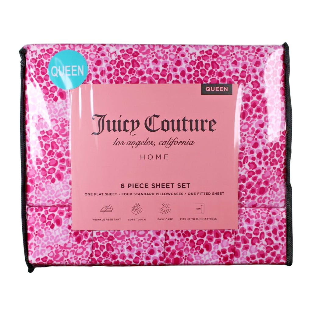 Juicy Couture Queen 6 pc Bed Sheet Set Pink Leopard Print