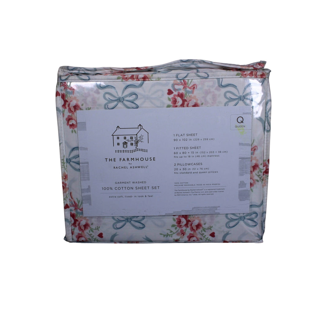 THE FARMHOUSE Rachel Ashwell 4 Pcs. Green/Pink Queen Sheet Set Roses & Bows