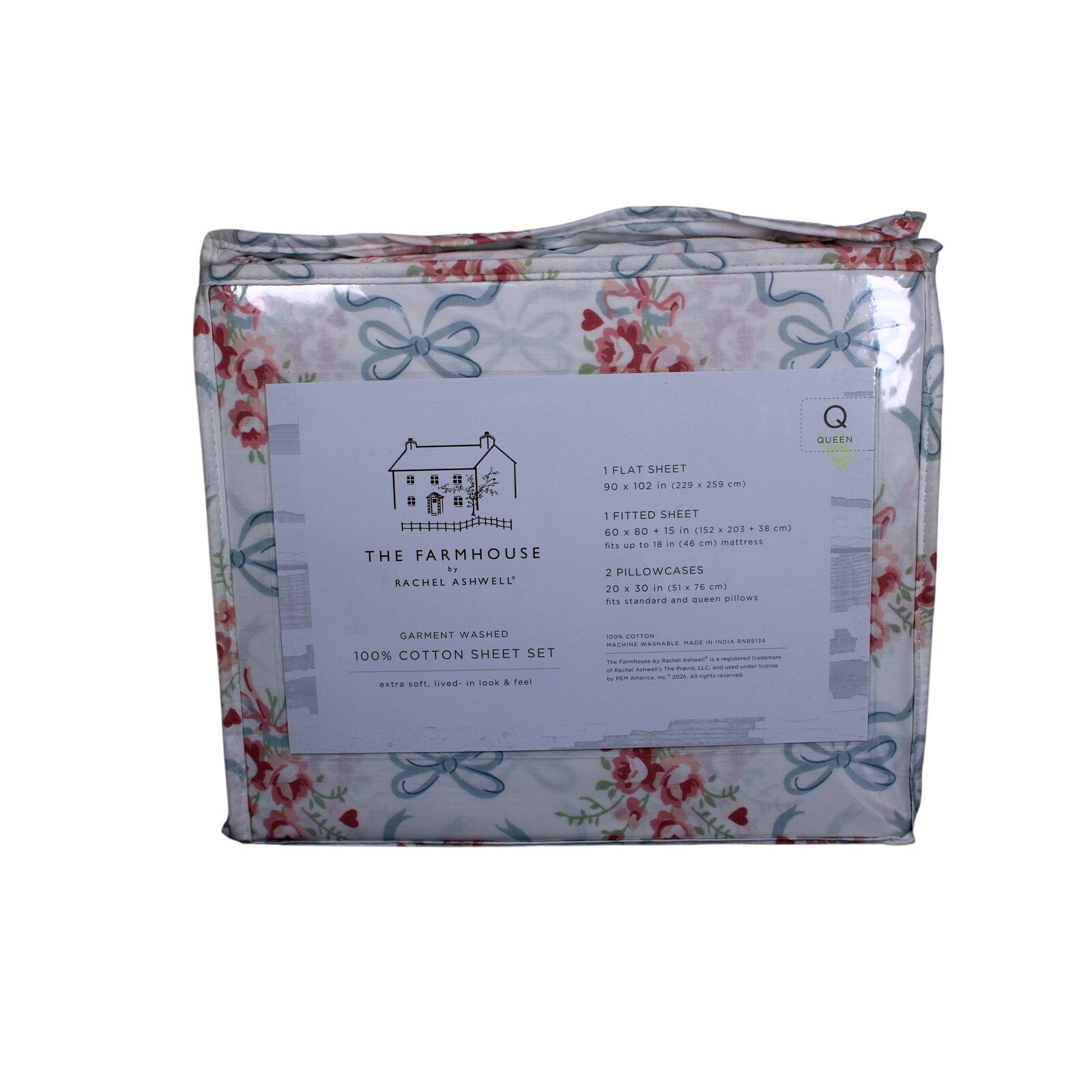 THE FARMHOUSE Rachel Ashwell 4 Pcs. Green/Pink Queen Sheet Set Roses & Bows