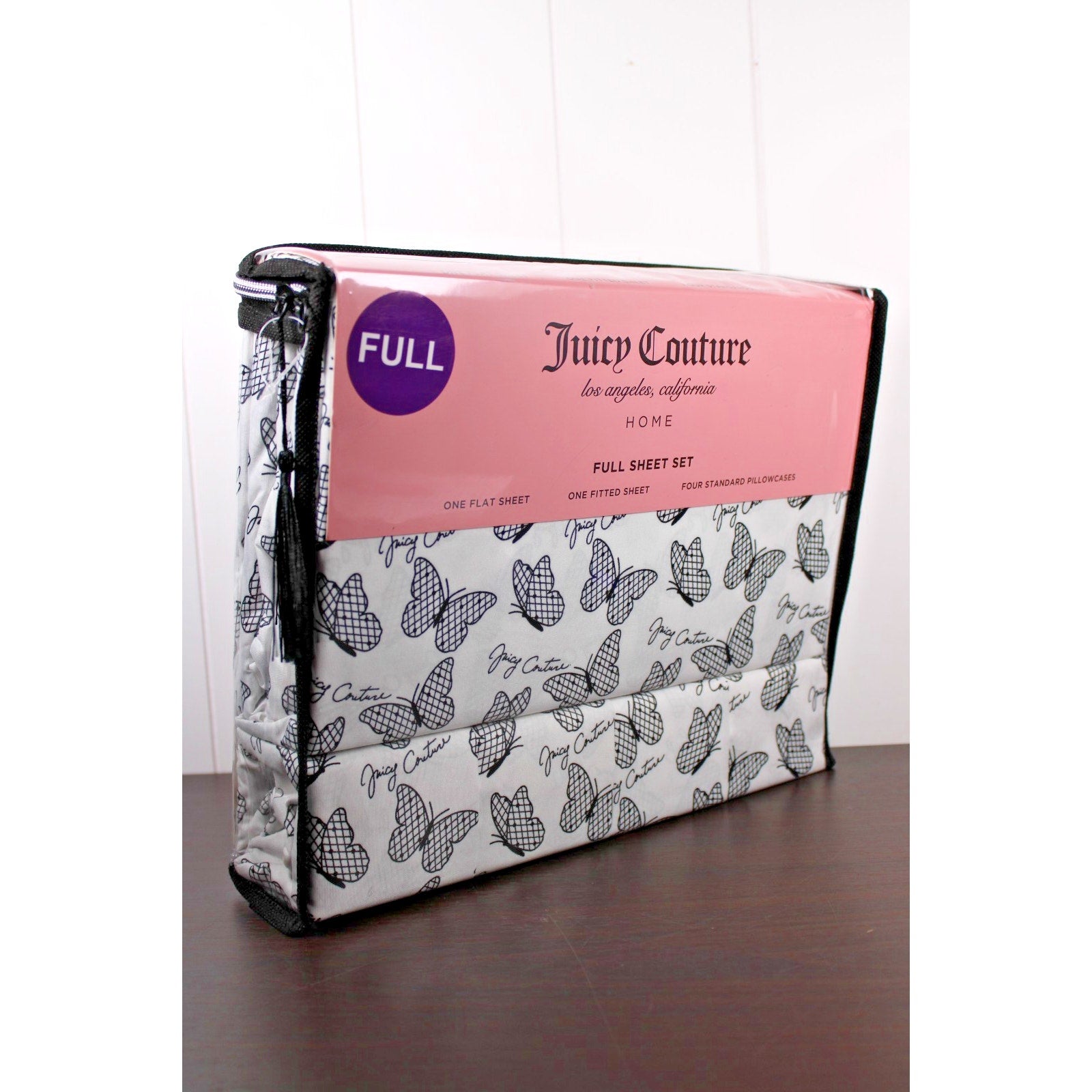 Juicy Couture FULL 6 pc Bed Sheet Set Black and White Checkered Butterflies
