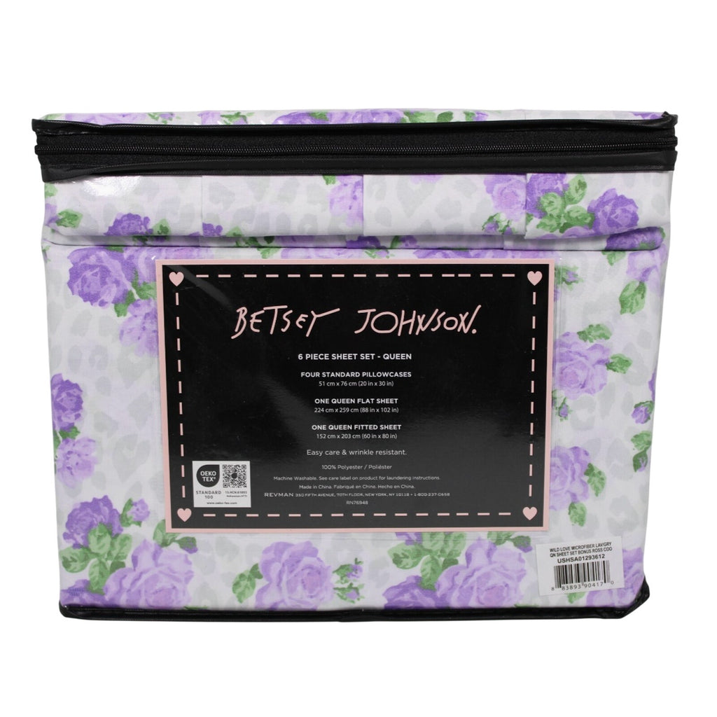 New Betsey Johnson Purple Wild Love Queen 6 Piece Sheet Set Bonus Shams