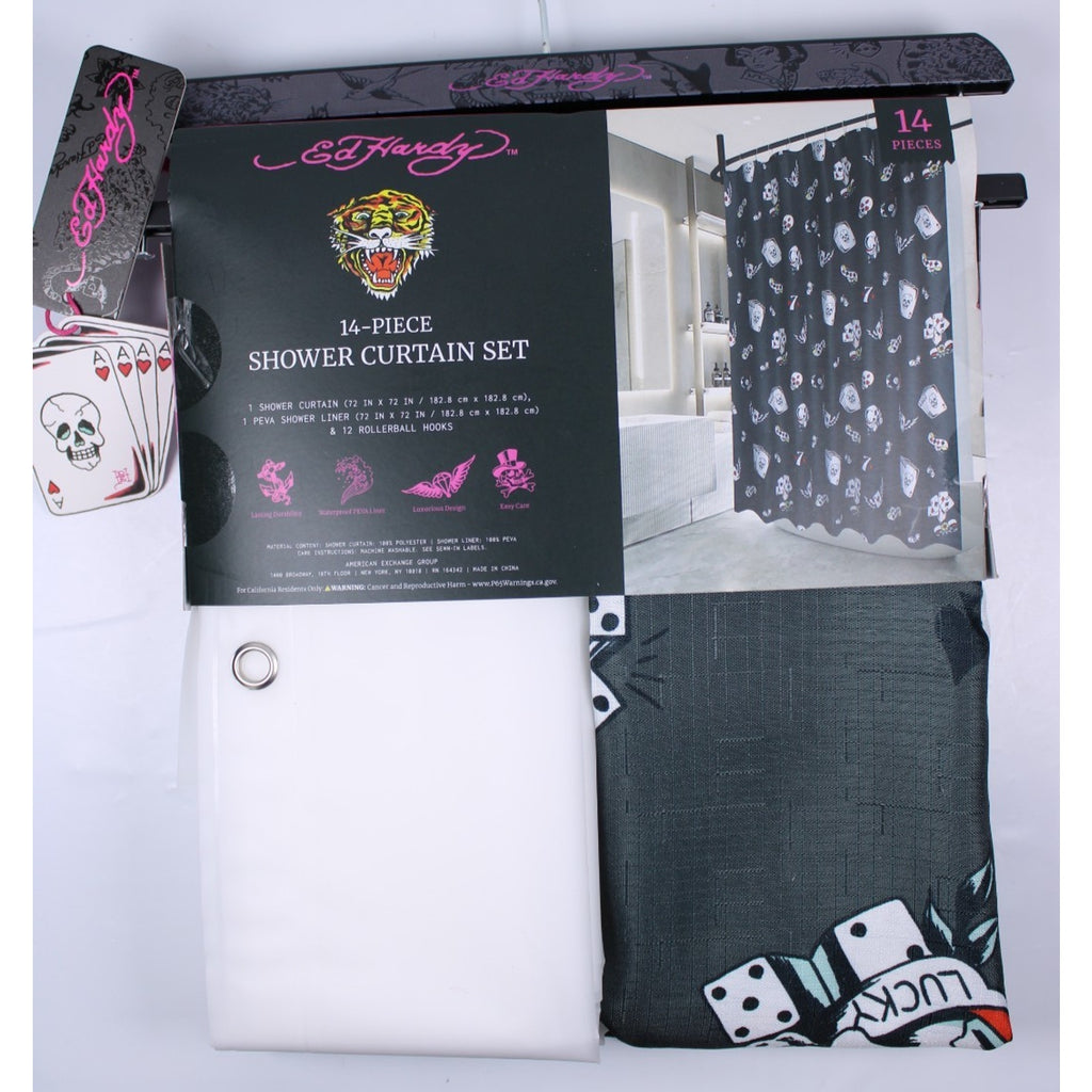 14-Pc Ed Hardy Skull POKER Cards Shower Curtain, Roller Ball Hooks, & Liner