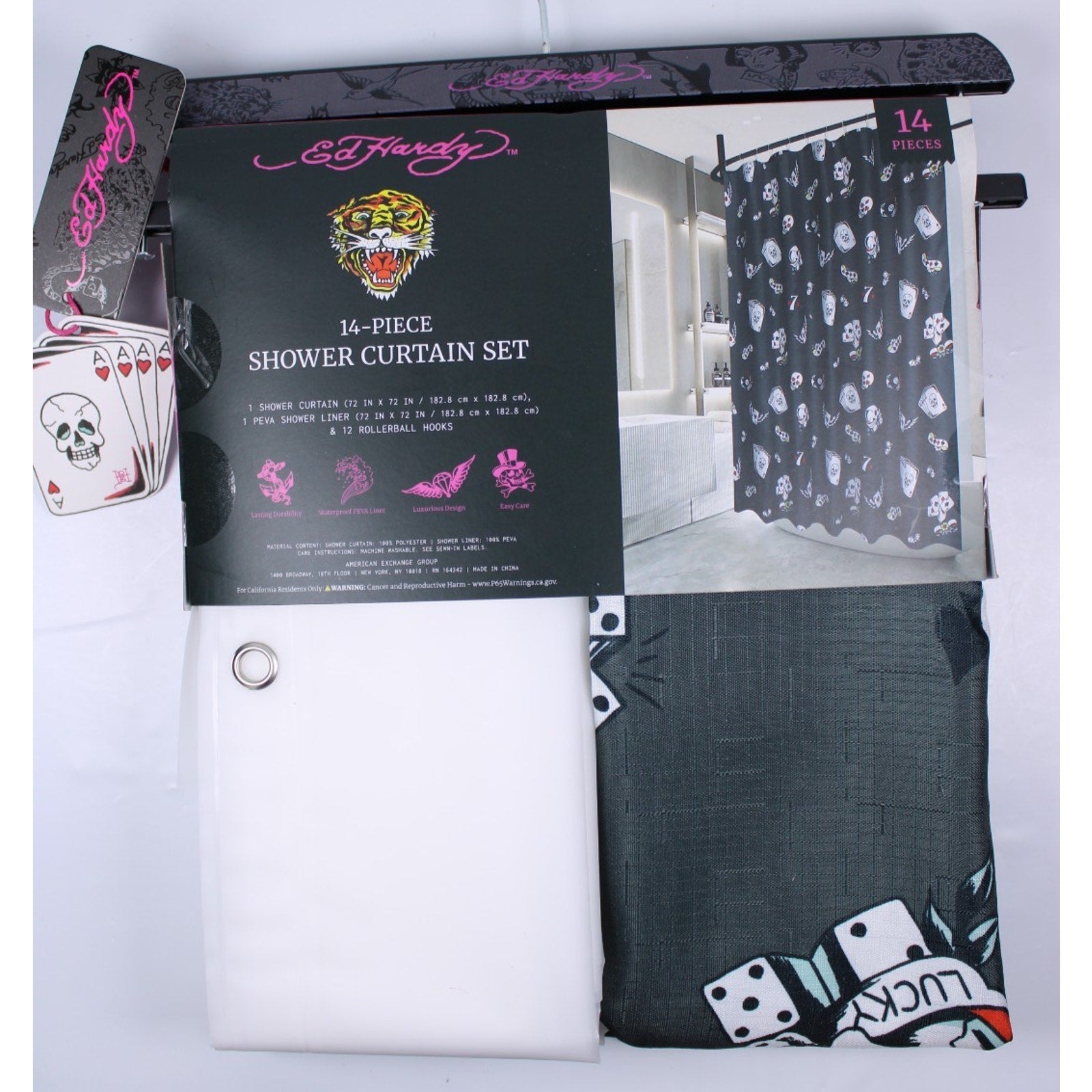 14-Pc Ed Hardy Skull POKER Cards Shower Curtain, Roller Ball Hooks, & Liner