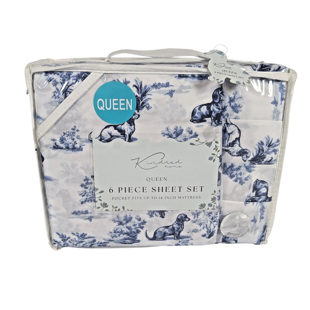 KINDRED HOME 6 pc Dogs, Floral design Queen Sheet Set 2 EX Pillowcases