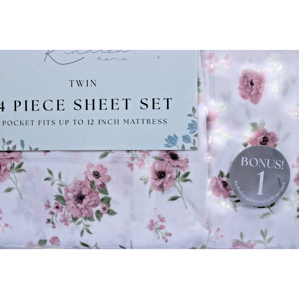 KINDRED HOME 4 PIECE Floral DESIGN TWIN SHEET SET 1 EX PILLOWCASE