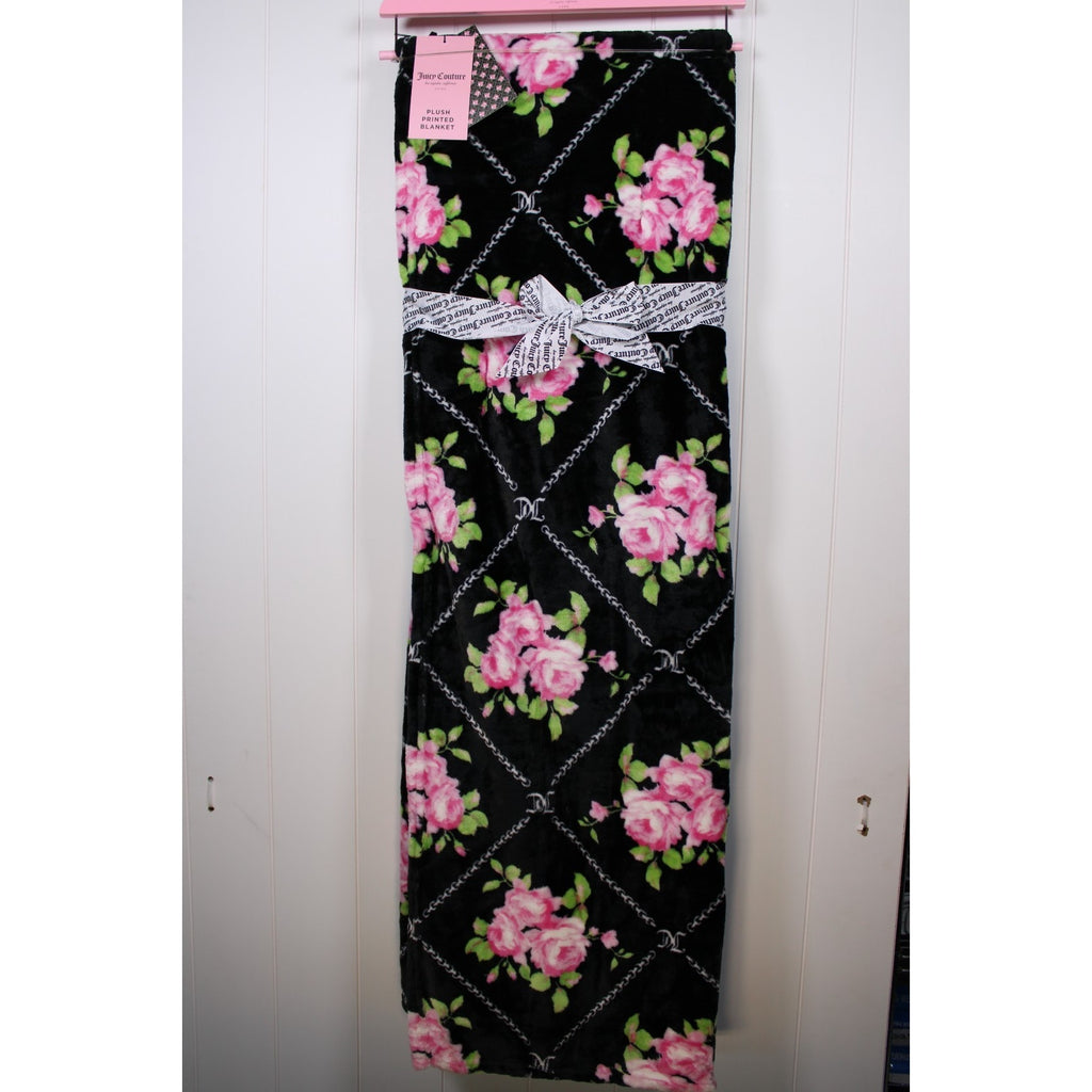 Juicy Couture Black W Pink Roses 60" x 90" Soft Plush Twin Blanket