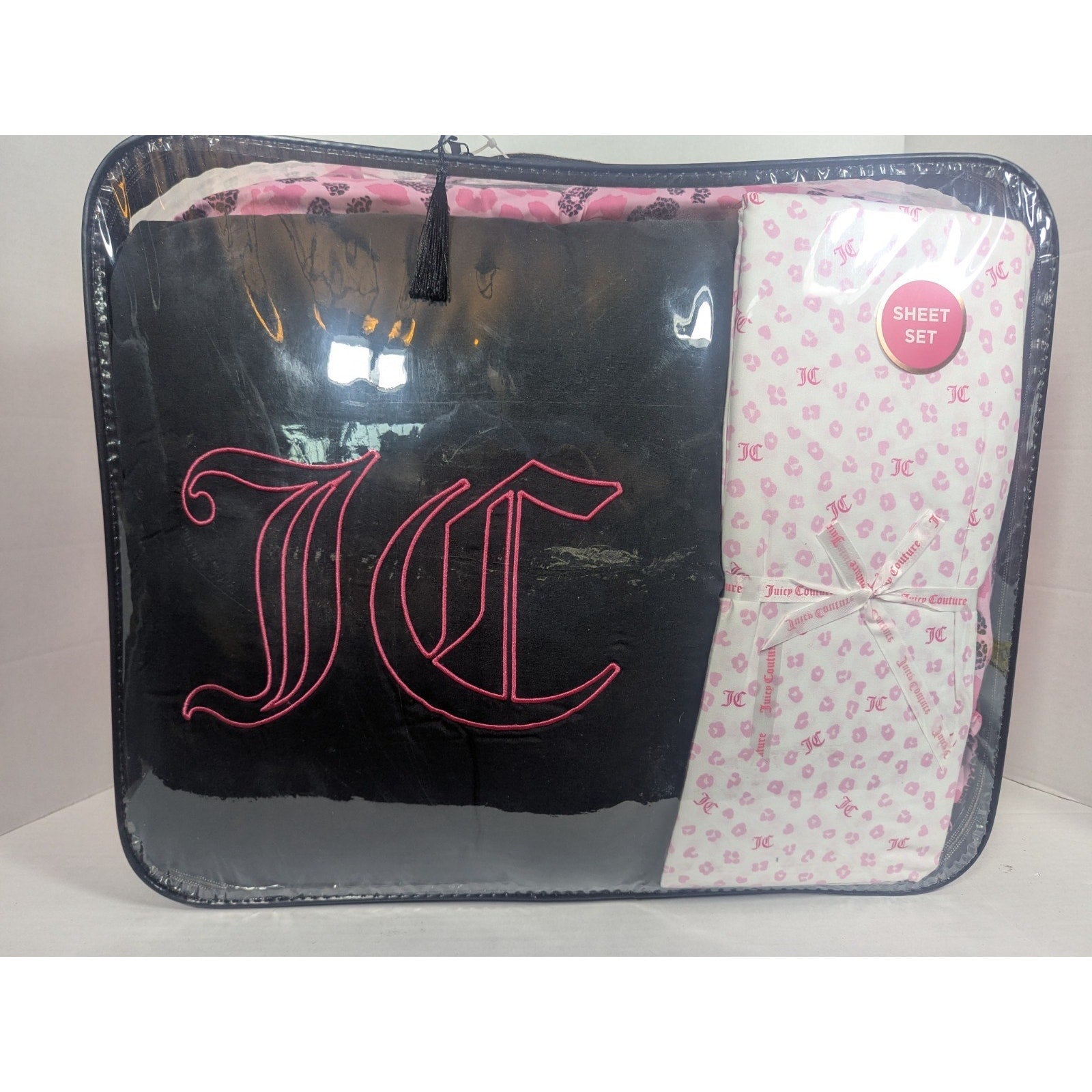 Juicy Couture Pink/Black Leopard 8pc QUEEN Bed Set Comforter,Shams,Sheets,Pillow