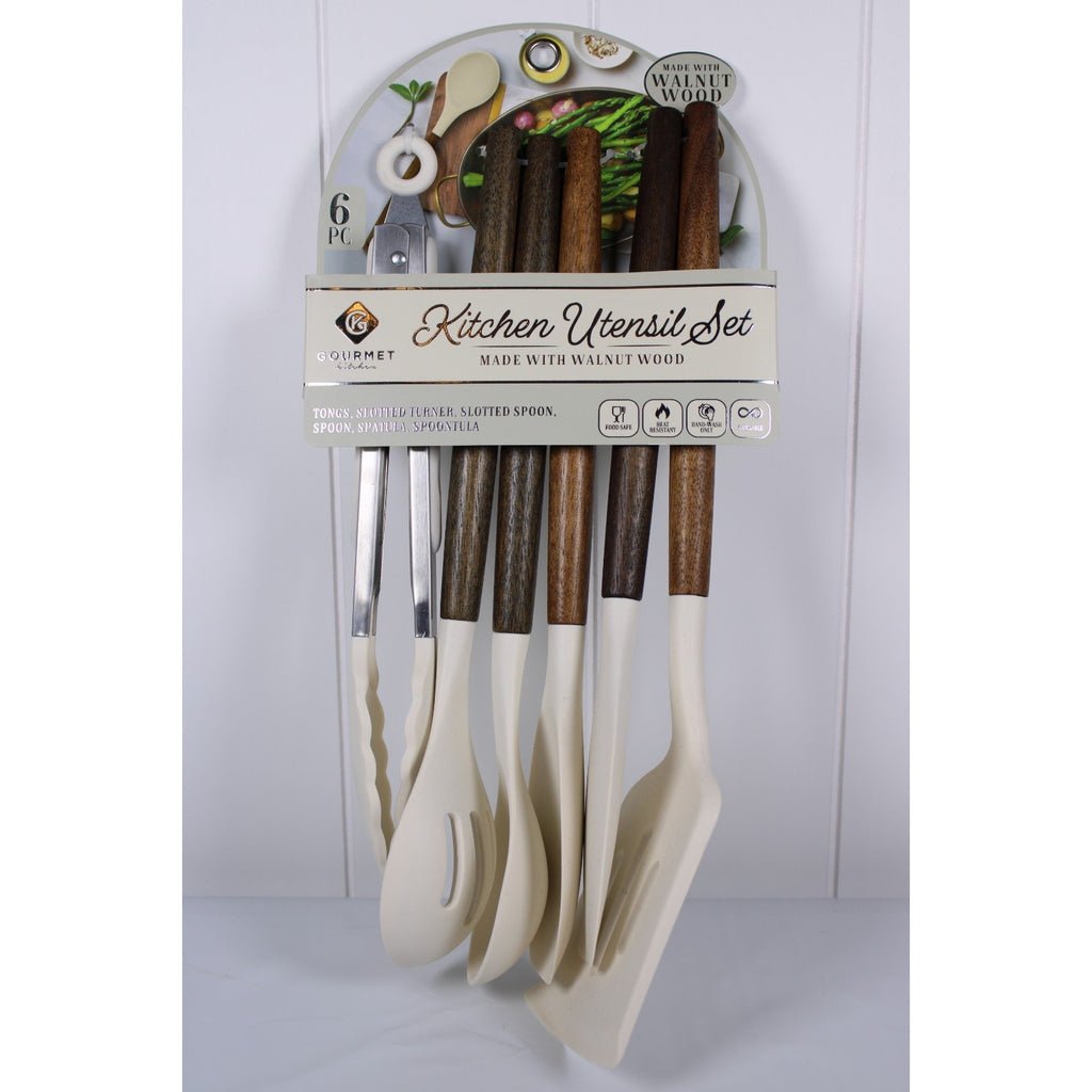 Kitchen Utensil Set of 6. Walnut handles Heat resistant Flexible silicone, Tongs