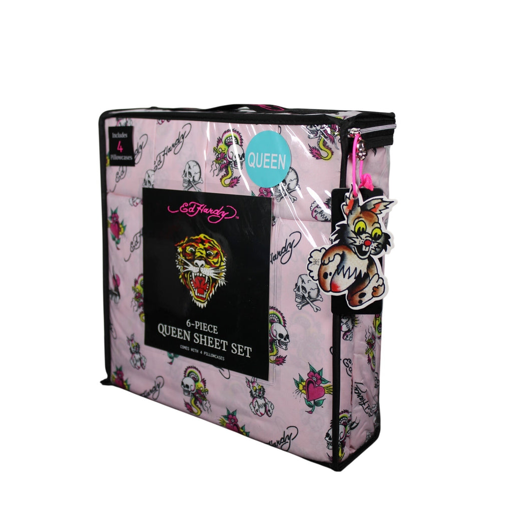 Ed Hardy with Skulls, Bats, Bunnies, Hearts, Flowers  6pc Queen Pink Sheet Set