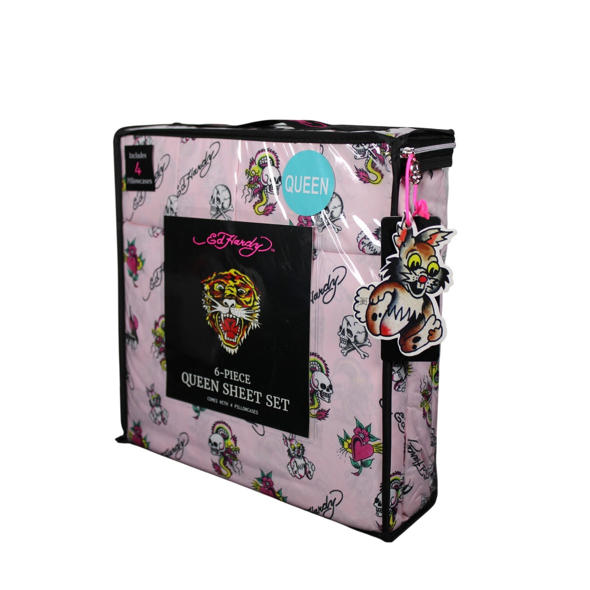 Ed Hardy with Skulls, Bats, Bunnies, Hearts, Flowers  6pc Queen Pink Sheet Set
