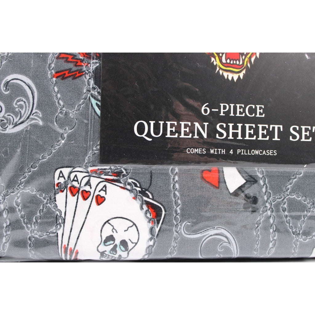Ed Hardy 6 piece Queen Sheet Set Grey w/Cards &Tattoo Print with 4 Pillowcases