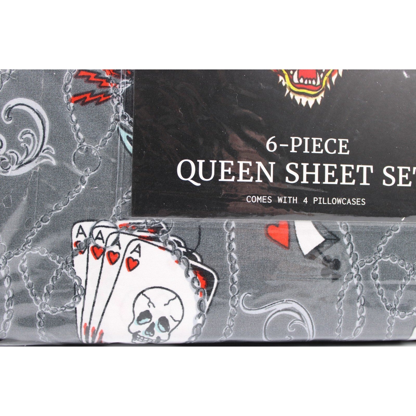 Ed Hardy 6 piece Queen Sheet Set Grey w/Cards &Tattoo Print with 4 Pillowcases