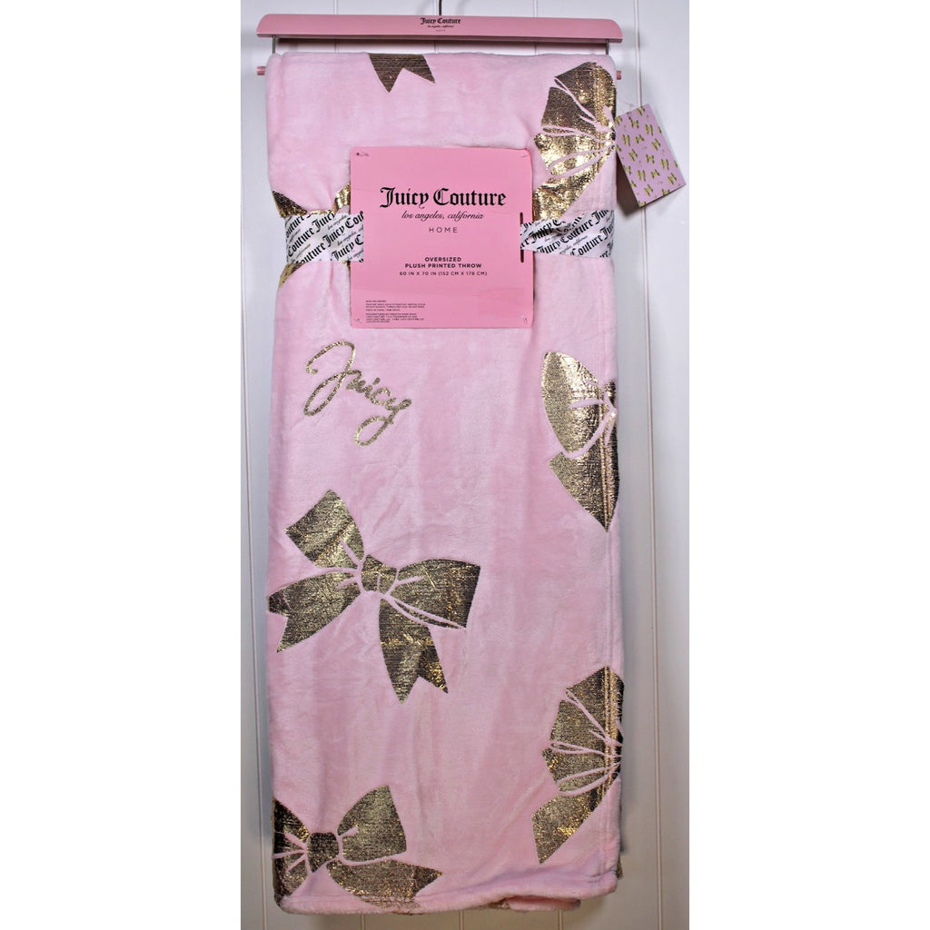 Juicy Couture Pink Plush Throw Blanket 60" X 70" Oversized, Gold Bows, Juicy