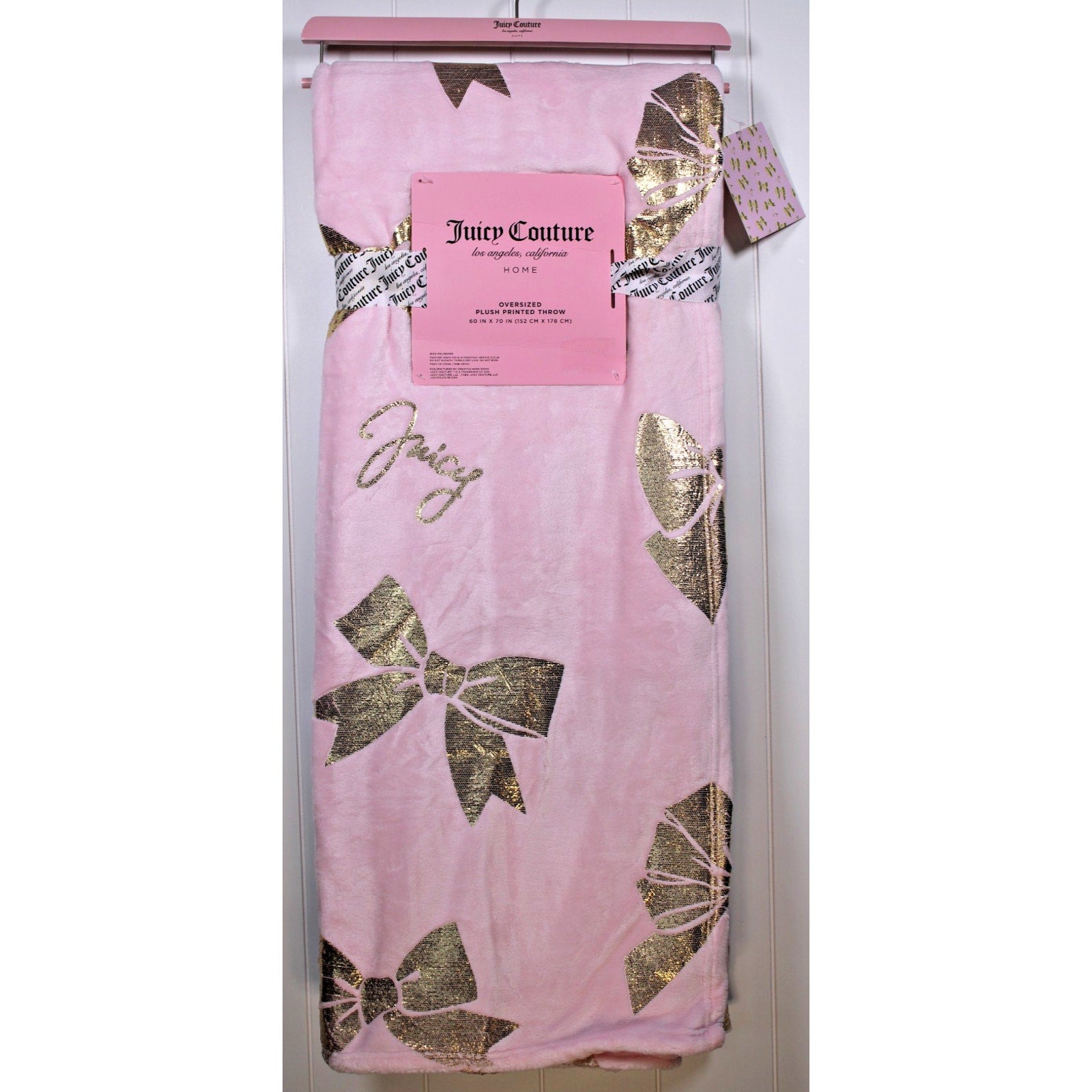 Juicy Couture Pink Plush Throw Blanket 60" X 70" Oversized, Gold Bows, Juicy