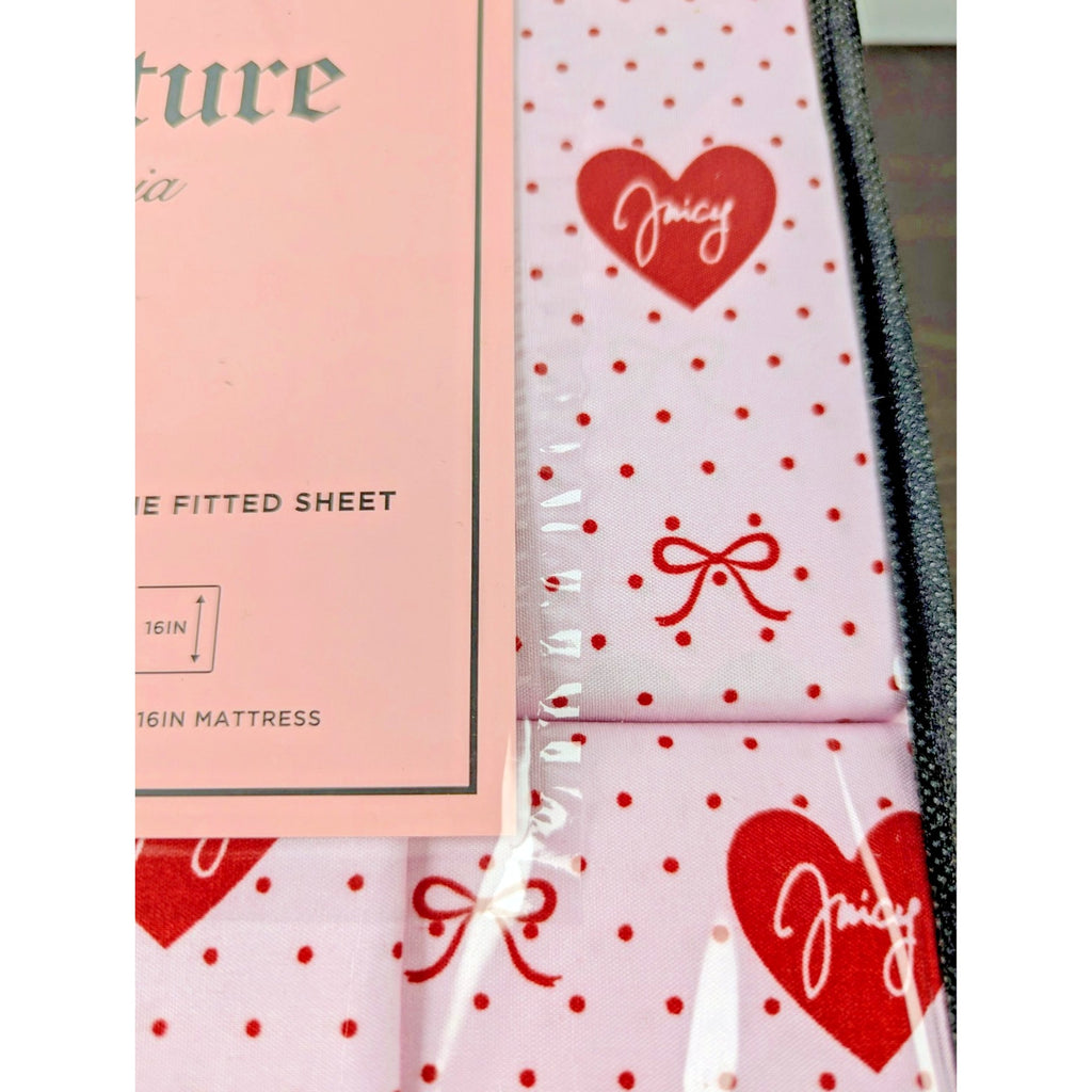 Juicy Couture Queen 6pc Sheet Set, Juicy Monogram, Red Hearts & Red Dots