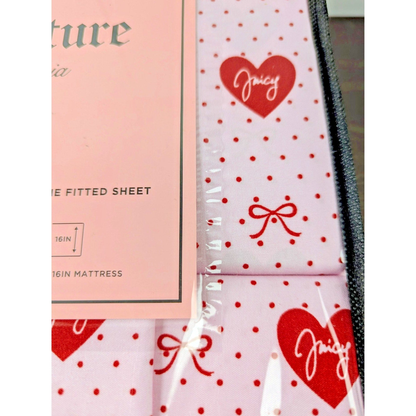 Juicy Couture Queen 6pc Sheet Set, Juicy Monogram, Red Hearts & Red Dots