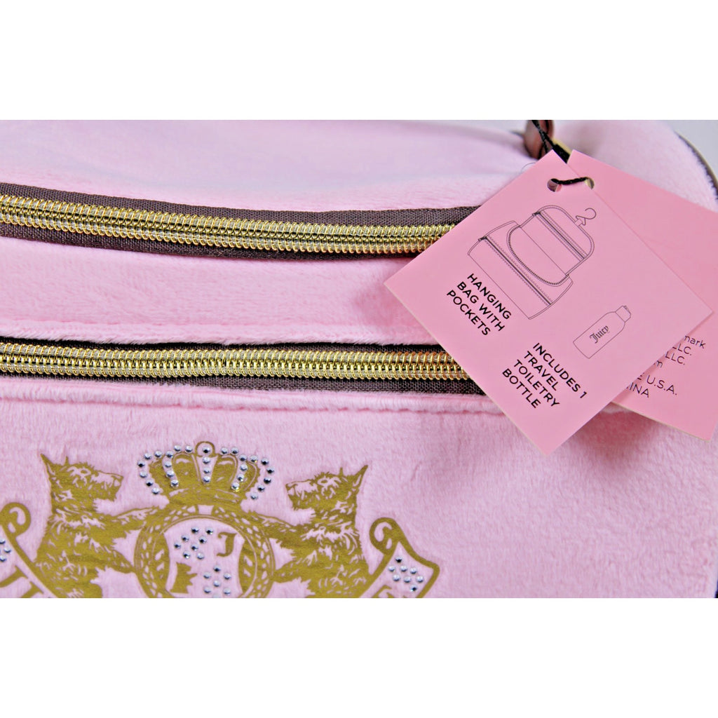 NWT Juicy Couture pink velvety cosmetic make up hanging bag w/toiletry bottle