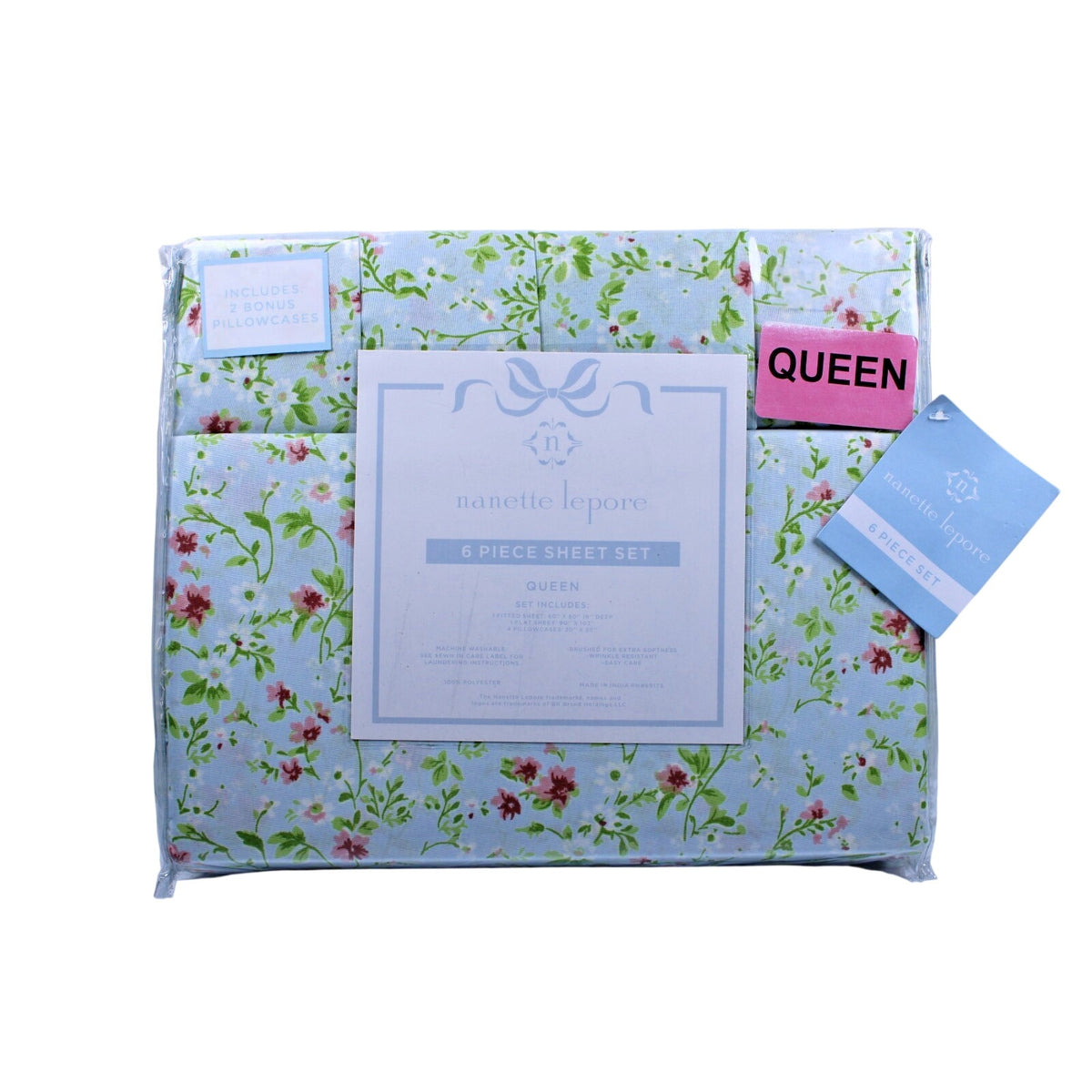 Nanette Lepore Queen 6 Piece Sheet Set Green, Pink Floral, 2 bonus pillowcases