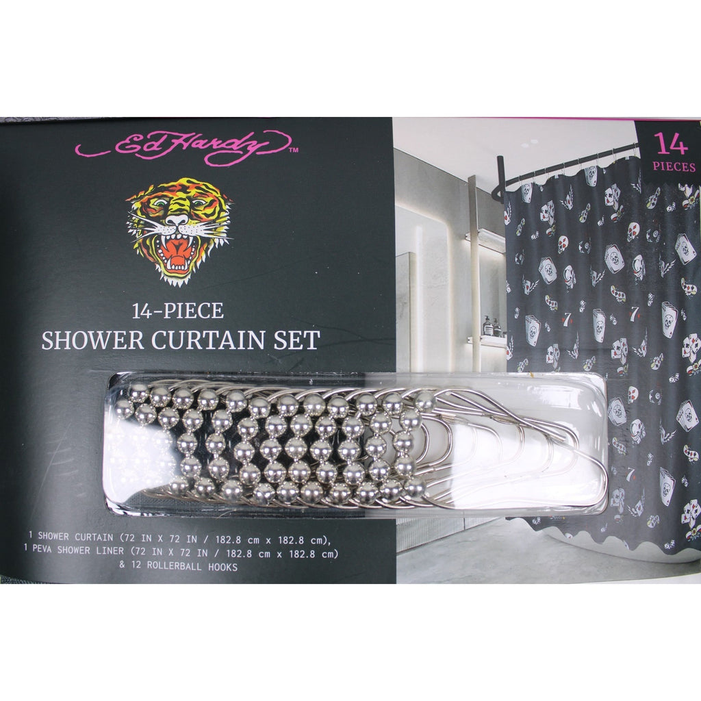 14-Pc Ed Hardy Skull POKER Cards Shower Curtain, Roller Ball Hooks, & Liner