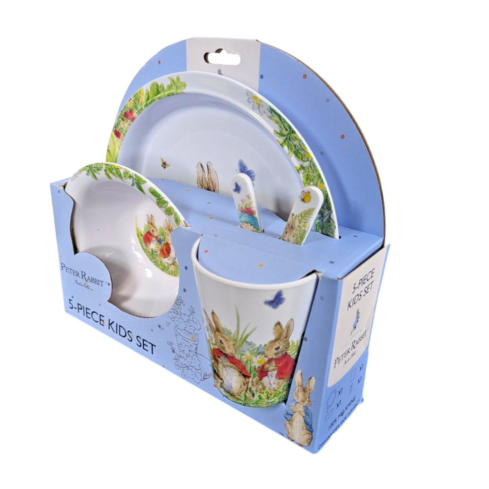 Peter Rabbit 5 Pc Kids Dinner Set Melamine Plate Bowl Cup Cutlery New