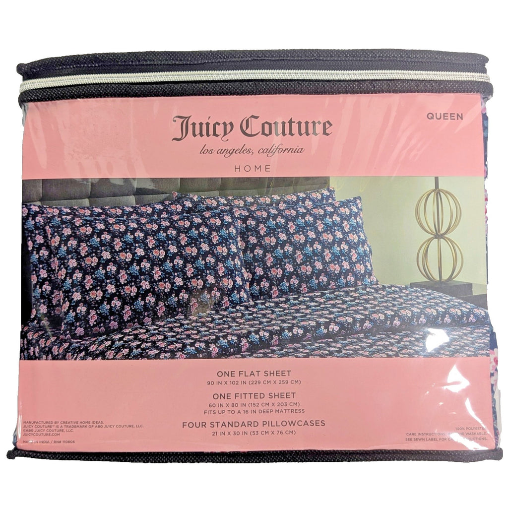 Juicy Couture Floral Roses Navy 6PC Queen Sheet Set JC logos