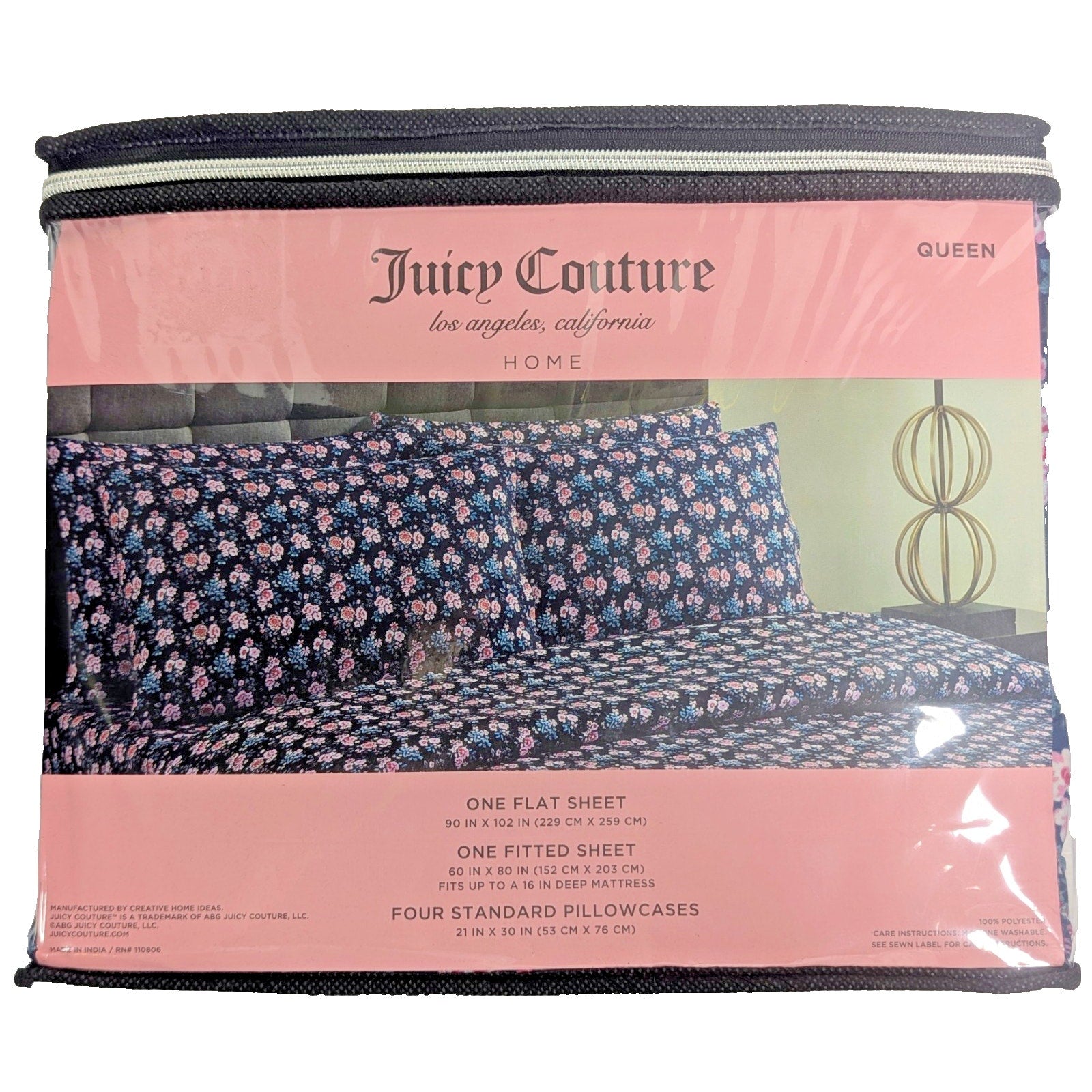 Juicy Couture Floral Roses Navy 6PC Queen Sheet Set JC logos