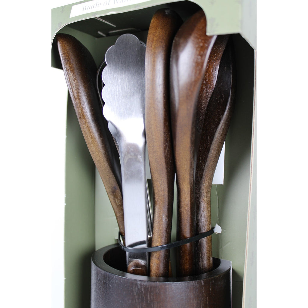 7-piece Walnut Wooden Kitchen Utensil Set - Includes a rotating holder