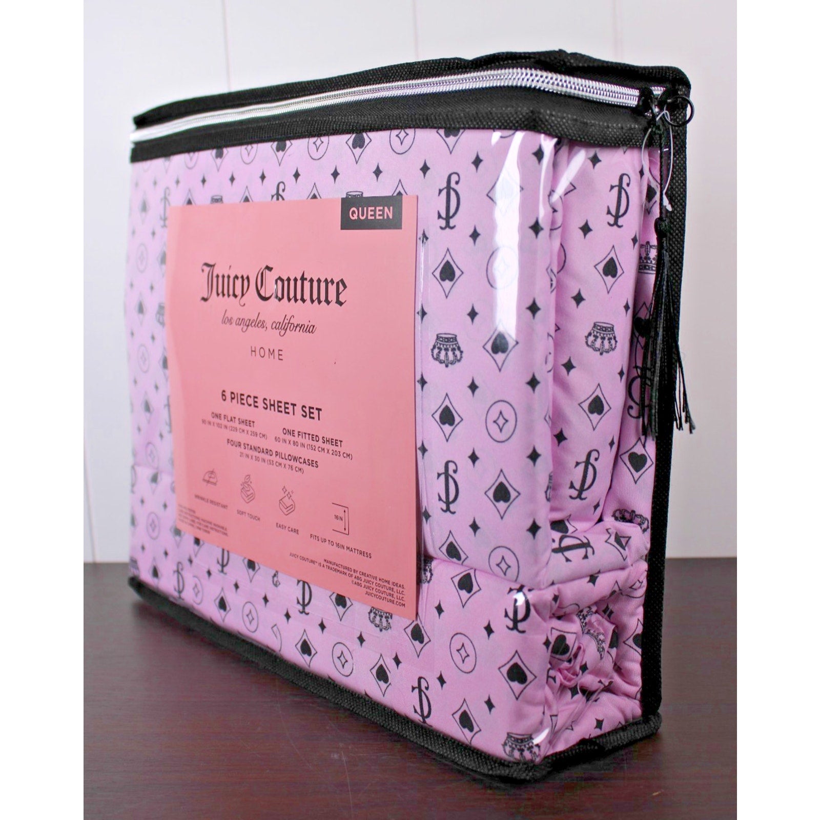 Juicy Couture Queen 6 pc Bed Sheet Set JC Logo Crown Heart Diamond Print