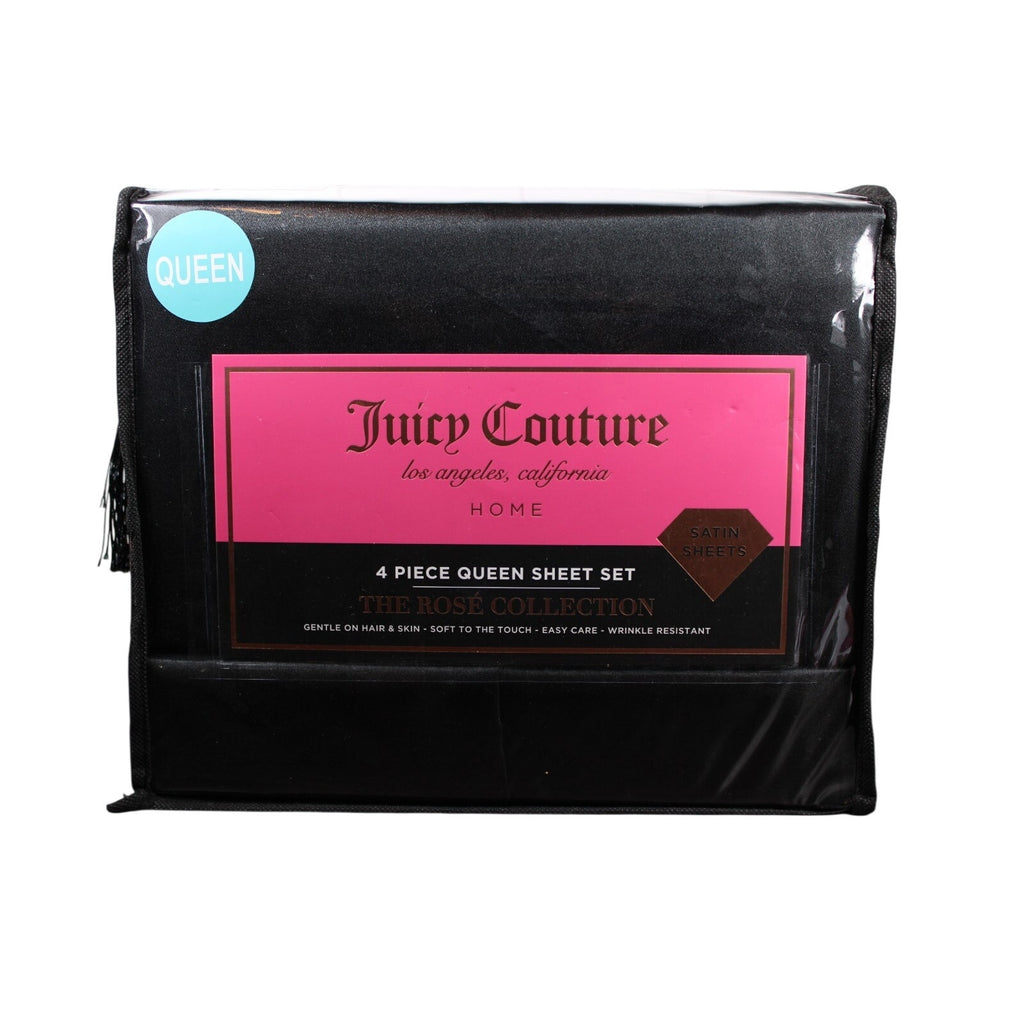 Juicy Couture Black Satin 4pc QUEEN Sheet Set Easy Care Soft Sleek Smooth