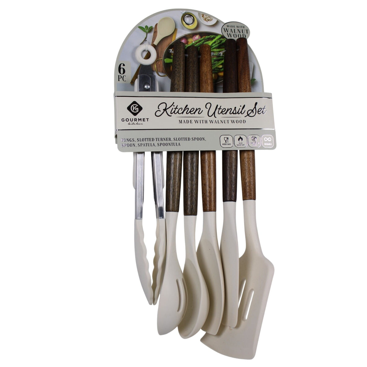 Kitchen Utensil Set of 6. Walnut handles Heat resistant Flexible silicone, Tongs