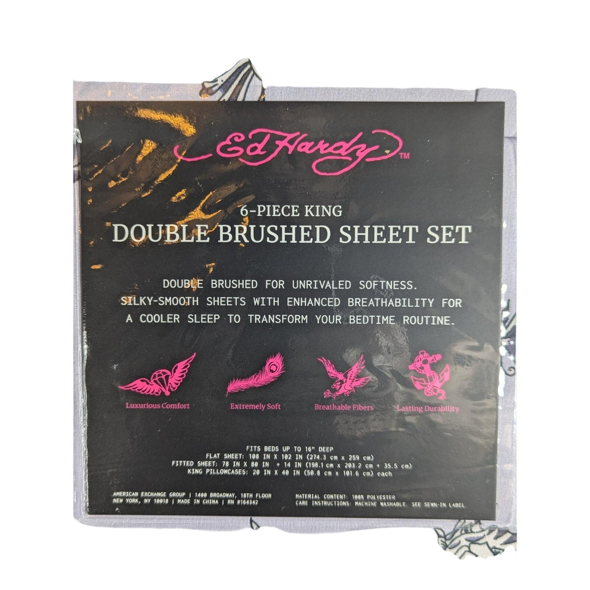 Ed Hardy 6-pc King Sheet Set w/4 Pillowcases, Skulls, Butterflies, Lavender NEW