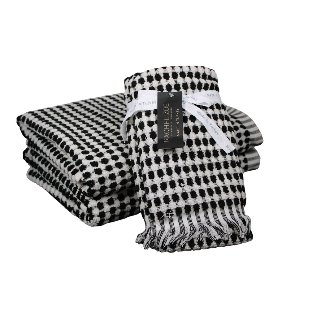 RACHEL ZOE 4pc Bath Towel Set Black White Polka Dot Bath, Hand - Turkish Towels  NEW