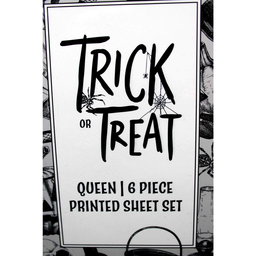 Halloween Gothic Style Queen 6pc Sheets Set Tan Black Skulls Butterflies Lattice